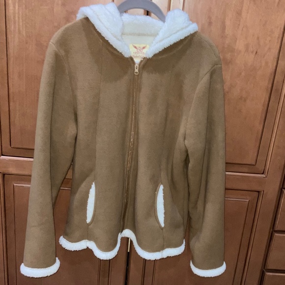 Faded Glory Brown Brushed Hooded Coat with Sherpa like Lining &Trim Sz M - Picture 2 of 9